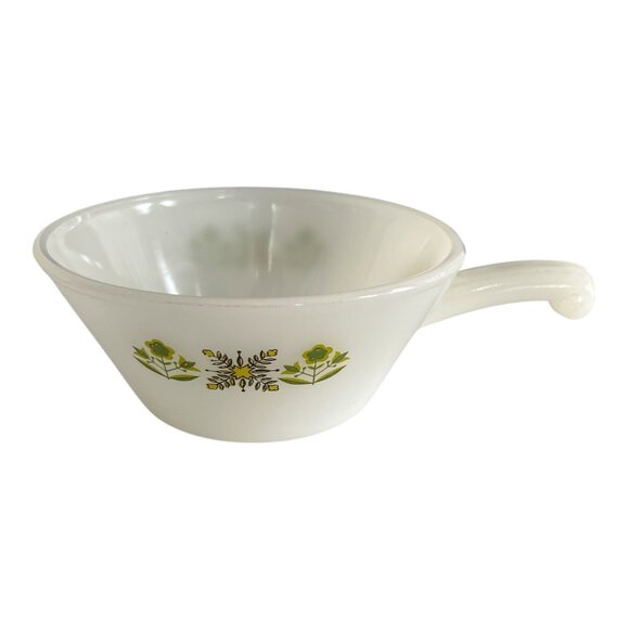 Vintage Fire-King Anchor Hocking Green Floral Handle Soup Bowl – Made in USA - Picture 1 of 5